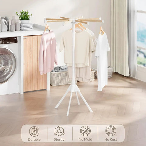 Foldable Wood Clothes Drying Rack With Eight Adjustable Rods No Fuss Space Saving Laundry Organizer For Indoor And Outdoor Use Ideal For Laundry Room Balcony RV Camping Beach Towel Drying shown in laundry room with clothes hanging