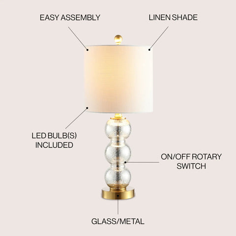 Mercury Glass And Brass Table Lamp With White Linen Shade For Bedroom And Living Room, Modern Stacked Sphere Bedside Lamp