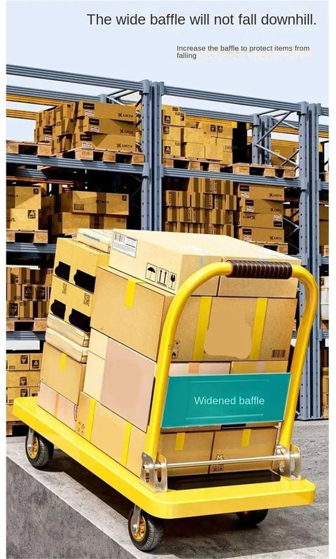 Beefy Workhorse Heavy Duty Platform Truck Hand Push Cart For Material Handling With Quiet Durable Wheels 360 Degree Swivel Back Wheels And Easy Maneuverability For Wide Use, yellow steel cart with widened baffle in warehouse
