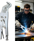 Heavy Duty Parrot Nose Locking Pliers For Welding Grip Clamping Pipes And Bolts With Adjustable Serrated Jaws For Vehicle Body Repair and Shop Maintenance Hand Tool Workhorse in a mechanic's hand welding metal.