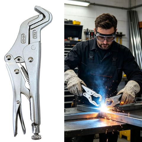 Heavy Duty Parrot Nose Locking Pliers For Welding Grip Clamping Pipes And Bolts With Adjustable Serrated Jaws For Vehicle Body Repair and Shop Maintenance Hand Tool Workhorse in a mechanic's hand welding metal.