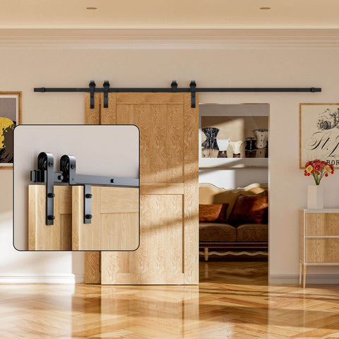 Installed 12 Foot Bypass Sliding Barn Door Hardware Kit With Single Track For Double Doors in a living room setting