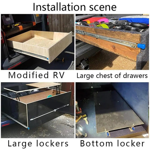 Heavy Duty Full Extension Three Stage Drawer Slides With Lock 220 Pound Capacity 60 Inch installed in modified RV drawers.