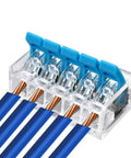 Straight Shooting 5 Pin Quick Connect Wire Connector With Solid Grip Lever Action Push In Design For Heavy Duty Electrical Wiring Repairs 32 Amp Compact Terminal Block 10 Pack with blue wires connected.