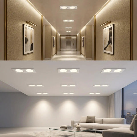 LED Spot Lights Square Double Head Recessed Downlight for Living Room installed in a modern hallway and living room.
