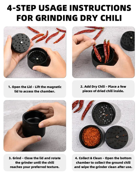 4-step instructions for using a 2.5 Inch Aluminum Spice Grinder Three Piece Three Stage With Top Storage Anti Jam Teeth.