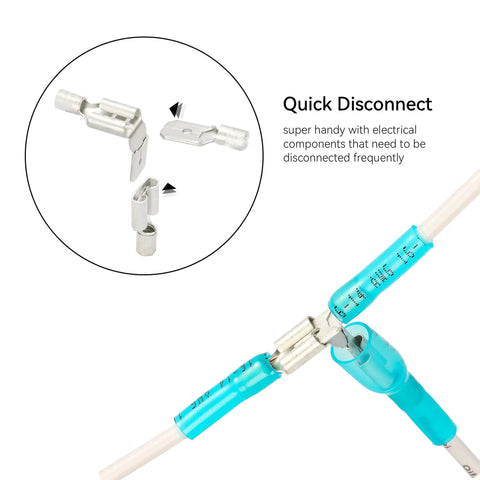 AWG 22-10 Female Spade Connector Kit Pro Grade With Heat Shrink Tubing shown with quick disconnect terminals in use.