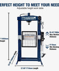 20 Ton H Frame Hydraulic Garage Shop Press With Hand Pump Foot Pedal Seven Adjustable Beds Stamping Plates And Integrated Pressure Gauge dimensions graphic showing height and working distances.