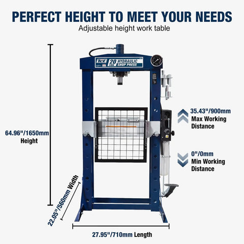 20 Ton H Frame Hydraulic Garage Shop Press With Hand Pump Foot Pedal Seven Adjustable Beds Stamping Plates And Integrated Pressure Gauge dimensions graphic showing height and working distances.