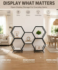 Dope Hexagon Room Divider Shelf with Modular Open Storage in living room, featuring books, plants, and decor.
