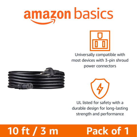 Heavy Duty 10 Foot Replacement Power Cord For Computer Monitor Tv Printer Pc 3 Prong Cable 18 Awg 125 Volts Black Nema 5 15P To Iec C13 Ul Listed.