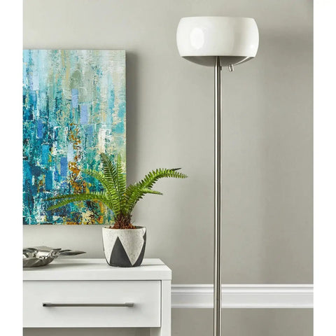 Jessica 300W Torchiere Floor Lamp, 71 Inch Tall With Milky White Glass Dome, Two 150W Sockets For Incandescent Or Dimmable LED, Brushed Steel Finish