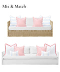 Coastal Chic 20x20 Throw Pillow Cover with Scalloped Border, Blush Pink Embroidered Frame on woven couch and white sofa