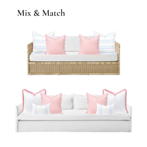Coastal Chic 20x20 Throw Pillow Cover with Scalloped Border, Blush Pink Embroidered Frame on woven couch and white sofa