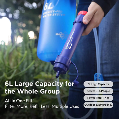 Person holding 6L Gravity Water Filter System For Camping And Group Trips For The Crew NSF Tested And Certified
