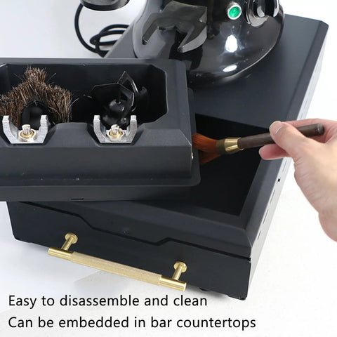 Hassle Free Automatic Portafilter Cleaning Machine With Knock Box showing cleaning brushes and large removable drawer for 58mm espresso groups.