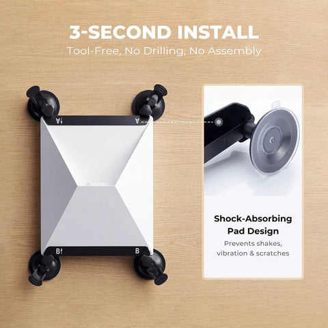 Heavy Duty Rock Solid Ultra Suction Cup Mount For Starlink Mini Dish Anti Shake Stability Rapid Install No Assembly Required For Car RV Boat Windshield Or Sunroof, top view showing suction cups and shock-absorbing design.