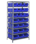 Built Like A Tank Eight Tier Steel Shelving Rack With Twenty Four Blue Hopper Bins, 36 in wide storage solution.