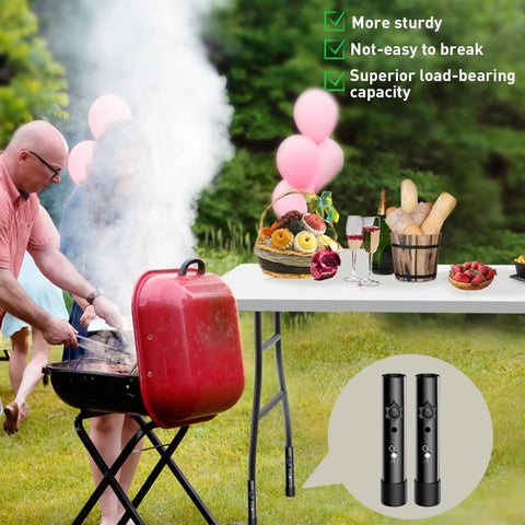 Heavy Duty Adjustable Table Leg Extenders Deliver Two Game Changer Heights At Three Point Five And Five Inches next to a red grill outdoors.