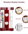 4 in 1 Analog Weather Station for Desk with Galileo Thermometer and FitzRoy Storm Glass, Quartz Clock and Hygrometer in wood holder.