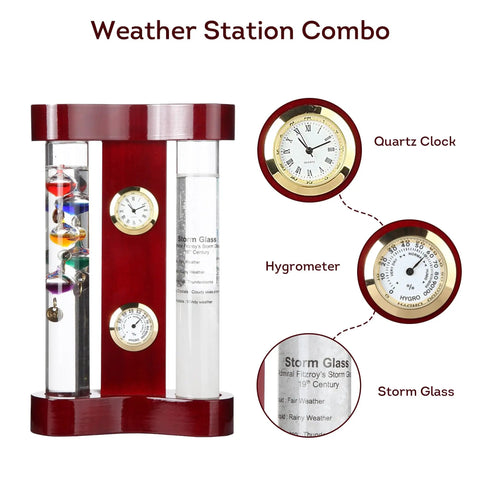 4 in 1 Analog Weather Station for Desk with Galileo Thermometer and FitzRoy Storm Glass, Quartz Clock and Hygrometer in wood holder.