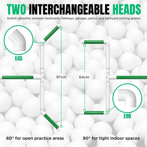 Portable Golf Ball Sweeper With Self Standing No Bend Design Modular PVC Ball Collector And Picker Upper showing interchangeable heads.