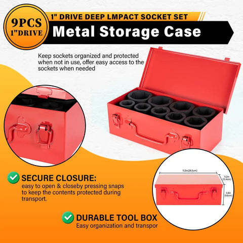 1 Inch Drive Jumbo Impact Socket Set 9 Piece SAE Deep Socket Kit in a metal storage case for trucks trailers and heavy equipment