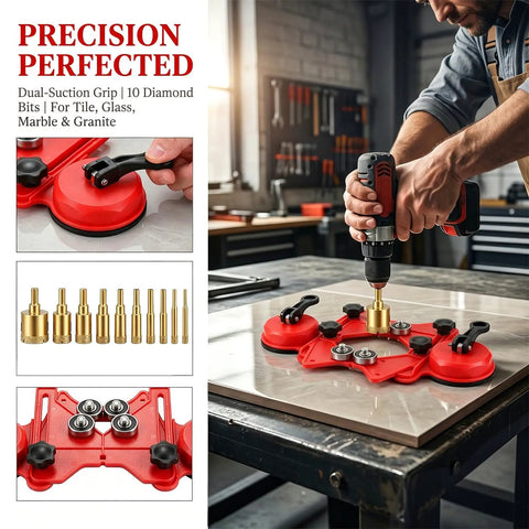 Coated Tile Hole Saw Kit With Dual Suction Cup Guide in use on tile with 10-Piece Diamond Drill Bit Set