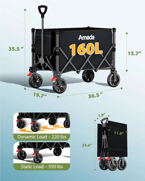 Collapsible Wagon Cart Foldable Lightweight Utility Cart With Wheels For Grocery Camping Beach and Outdoor Sports, 160L capacity.