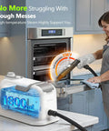 High Performance 2500W Handheld Steam Cleaner With Auto Stop And 15 Piece Accessory Kit in use, cleaning an oven at 230°F with 1800ml water tank.