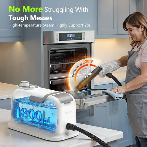 High Performance 2500W Handheld Steam Cleaner With Auto Stop And 15 Piece Accessory Kit in use, cleaning an oven at 230°F with 1800ml water tank.