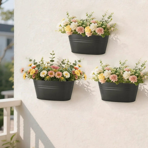 Three Pack 10.5 Inch Hanging Flower Pots For Railings And Fences, Metal Wall Planters With Drainage Holes And Easy Hang Hooks, Black.