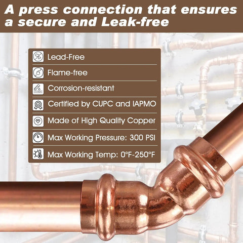 Zero Lead 3/4 Inch Copper Press Fittings Set, 12 Pieces, 45 Degree Elbow Couplings For Copper Pipe, 7/8 Inch OD, installed view