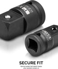 Garage Ready Eight Piece Impact Socket Adapter And Reducer Set For One Quarter Three Eighths One Half Three Quarters And One Inch Drives CrV Steel Ball Detent Locking Adapters SAE Size Converter Kit For Impact Wrench And Driver shown with secure fit mechanism