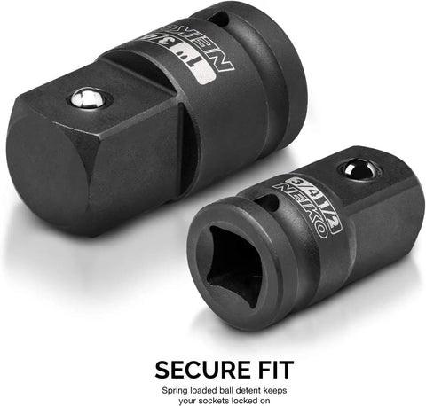 Garage Ready Eight Piece Impact Socket Adapter And Reducer Set For One Quarter Three Eighths One Half Three Quarters And One Inch Drives CrV Steel Ball Detent Locking Adapters SAE Size Converter Kit For Impact Wrench And Driver shown with secure fit mechanism