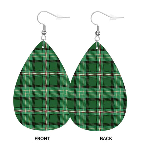 Totally Fire Green Grid Teardrop Faux Leather Dangle Earrings With Silver Plated Hooks lightweight plaid design