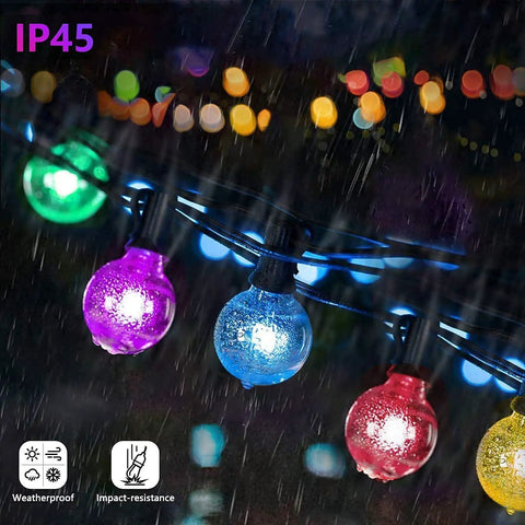 Multicolor Outdoor String Lights 25 Feet With 27 LED Bulbs Waterproof Patio Decor in rain showcasing IP45 weather resistance