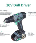 20V Cordless Drill from Combo Kit with clutch settings, 2 speed toggle, LED light, and belt clip for DIY projects