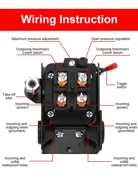 Wiring diagram for Heavy Duty Universal Air Compressor Pressure Switch 95 125 PSI 240V 26A Replacement Valve installation.