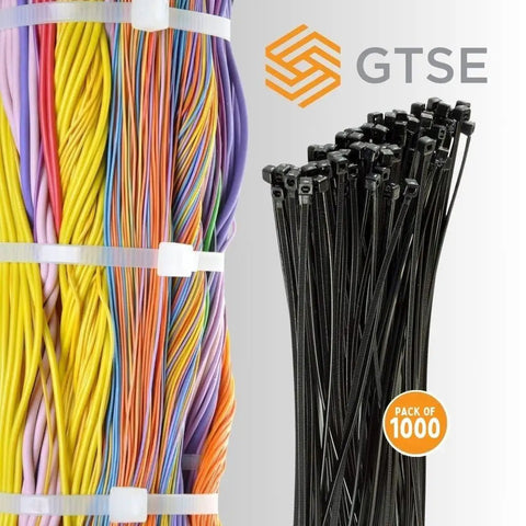 14 Inch Black Zip Ties 1000 Pack UV Resistant Self Locking Nylon Tie Wraps 50Lb Strength next to colored cables