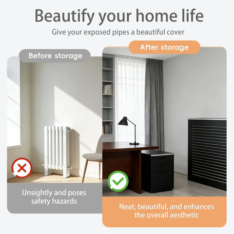 Comparison of room before and after installing No Drill Radiator Cover Cabinet For Home Wall Mounted Conceals Old Radiators And Clutter.
