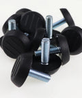 Set Of Twelve Adjustable Furniture Levelers With 1/4 20 Unc Thread Table Feet And Chair Glides To Fix Wobbly Legs, black rubber and steel components.