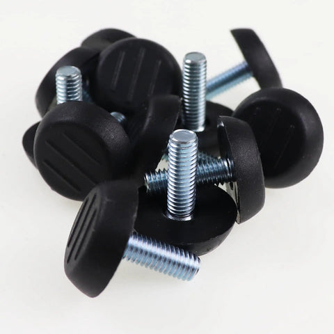 Set Of Twelve Adjustable Furniture Levelers With 1/4 20 Unc Thread Table Feet And Chair Glides To Fix Wobbly Legs, black rubber and steel components.