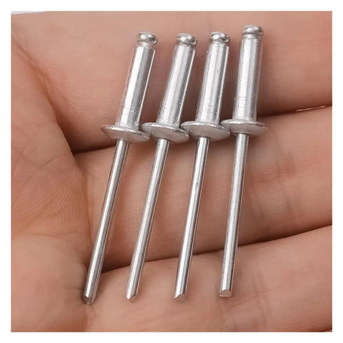 Four dome head blind rivets from 240 Piece Aluminum Alloy Rivets And Fasteners Set for home, auto, and furniture use.