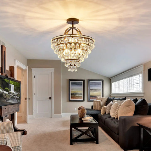 5 Light Crystal Chandelier Ceiling Light Fixture Semi Flush Mount Black Finish, E12 Indoor Lighting in modern living room
