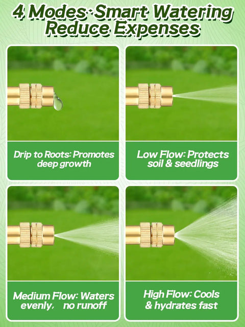 Four watering modes of Complete 49 Foot Drip Irrigation Kit With 15 Adjustable 360 Degree Sprayers for gardens and lawns.