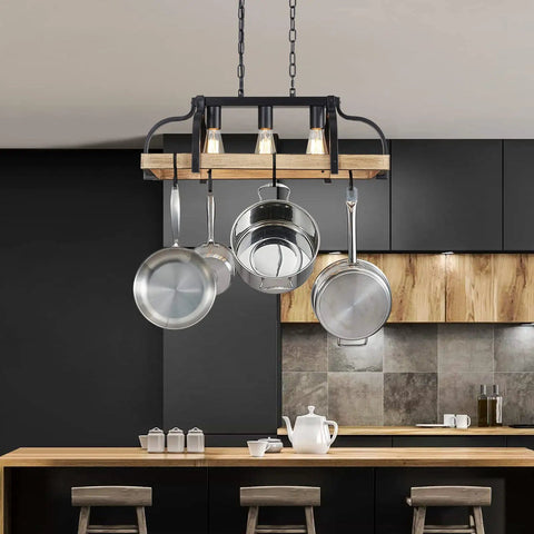 Three Light Metal Pot Hanging Chandelier With Wood Grain Finish Dope Rustic Farmhouse Ceiling Pendant For Kitchen Island And Dining Room Industrial Linear Light Fixture E26 Base Black hanging over kitchen island.