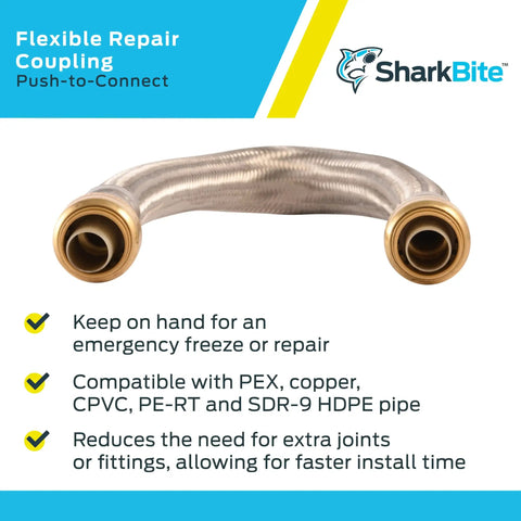 3/4 Inch By 18 Inch Flexible Repair Coupling Hose For Quick Push To Connect Brass Plumbing Fitting, Compatible With PEX Copper CPVC PE RT HDPE Pipes, Super Handy In Tight Spots, U3016FLEX18LF.