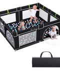Big Baby Playpen 71x59 Inch With Gate No Fuss, Sturdy Infant Playard with mesh, three kids playing with balls, carrying case