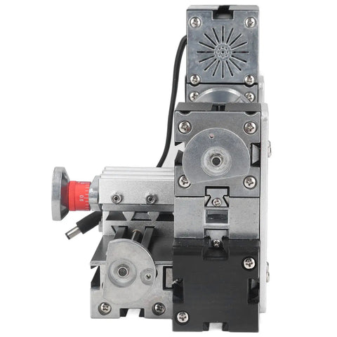 Close-up view of Top Shelf Mini Metal Lathe Machine showing the 60W motor and drill chuck, ideal for DIY projects.